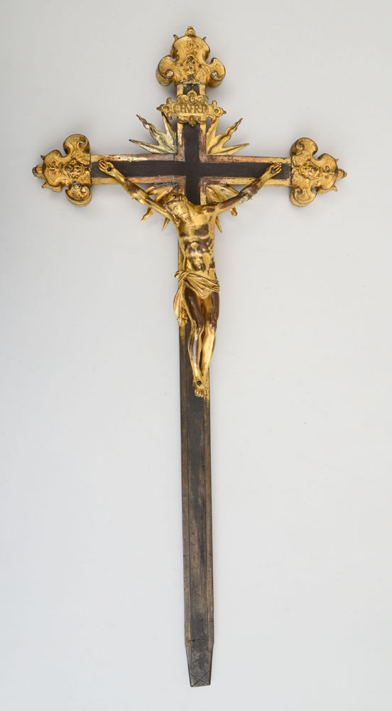 Appraisal: ITALIAN BAROQUE BRONZE AND PARCEL-GILT PROCESSIONAL CROSS The figure of