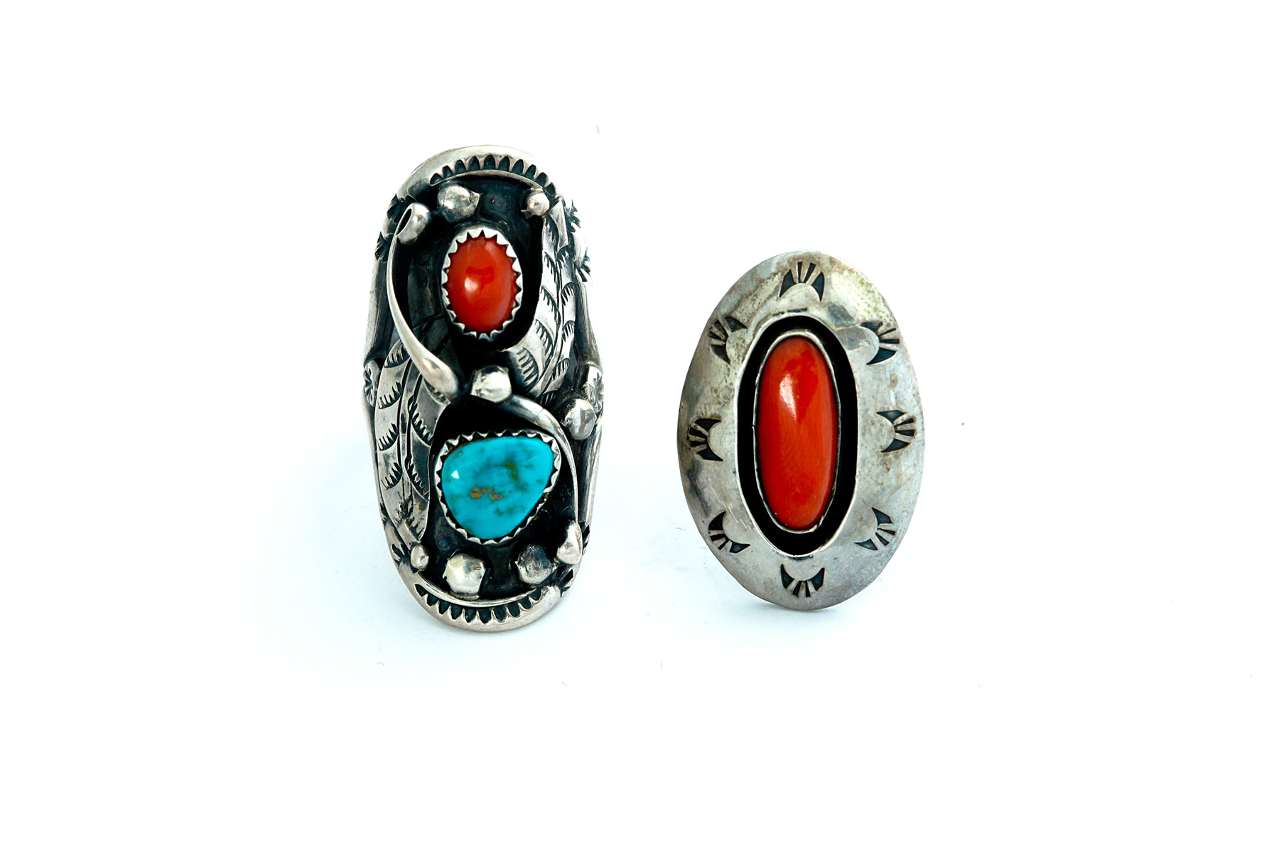 Appraisal: TWO AMERICAN INDIAN TURQUOISE AND CORAL RINGS ONE BY WES