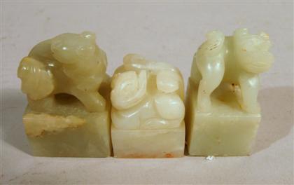 Appraisal: Three Chinese celadon jade seals All of square form carved