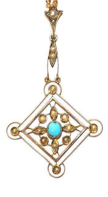 Appraisal: A PEARL AND TURQUOISE PENDANT in the form of an