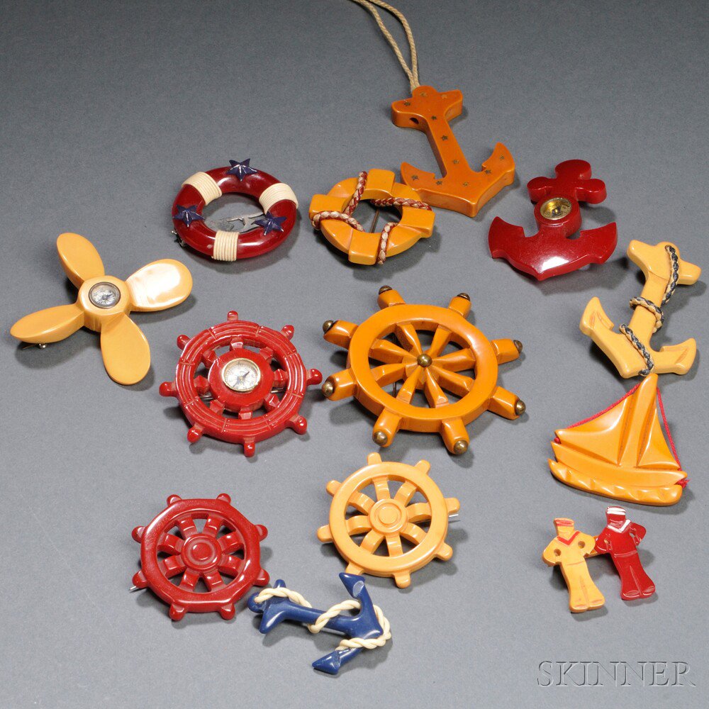 Appraisal: Thirteen Nautical-themed Bakelite Jewelry Items United States early th century