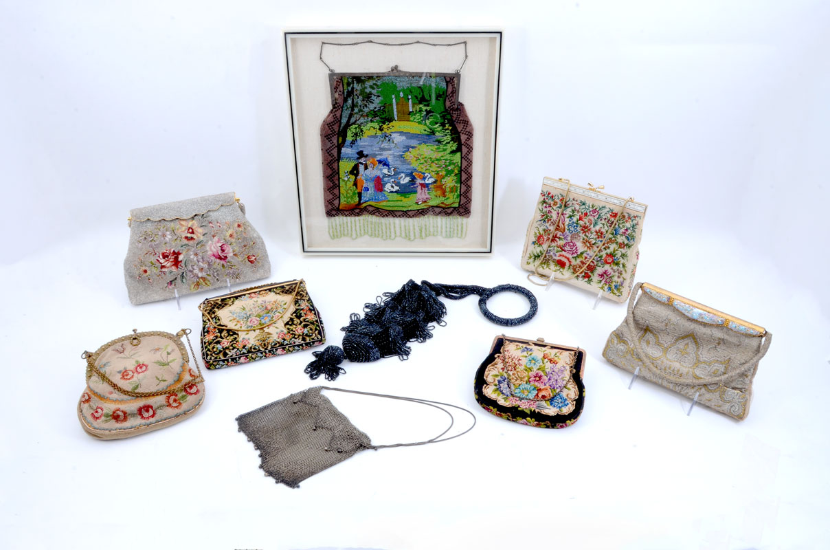 Appraisal: BEADED PURSES INCLUDING ONE FRAMED Couple with child near lake