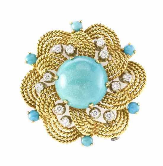 Appraisal: A Vintage Karat Yellow Gold Turquoise and Diamond Brooch in