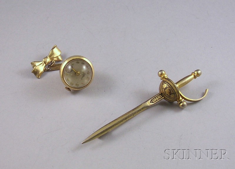 Appraisal: Gold-tone and Enamel Sword Pin and a De Frece Watch