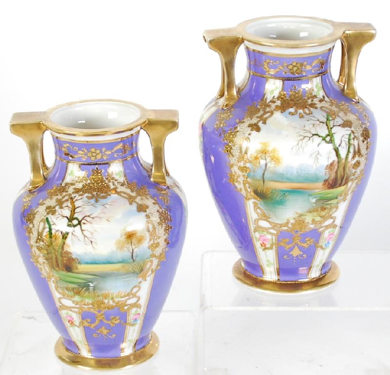 Appraisal: PAIR OF NORITAKE TWO HANDLED PORCELAIN VASES ovoid footed form