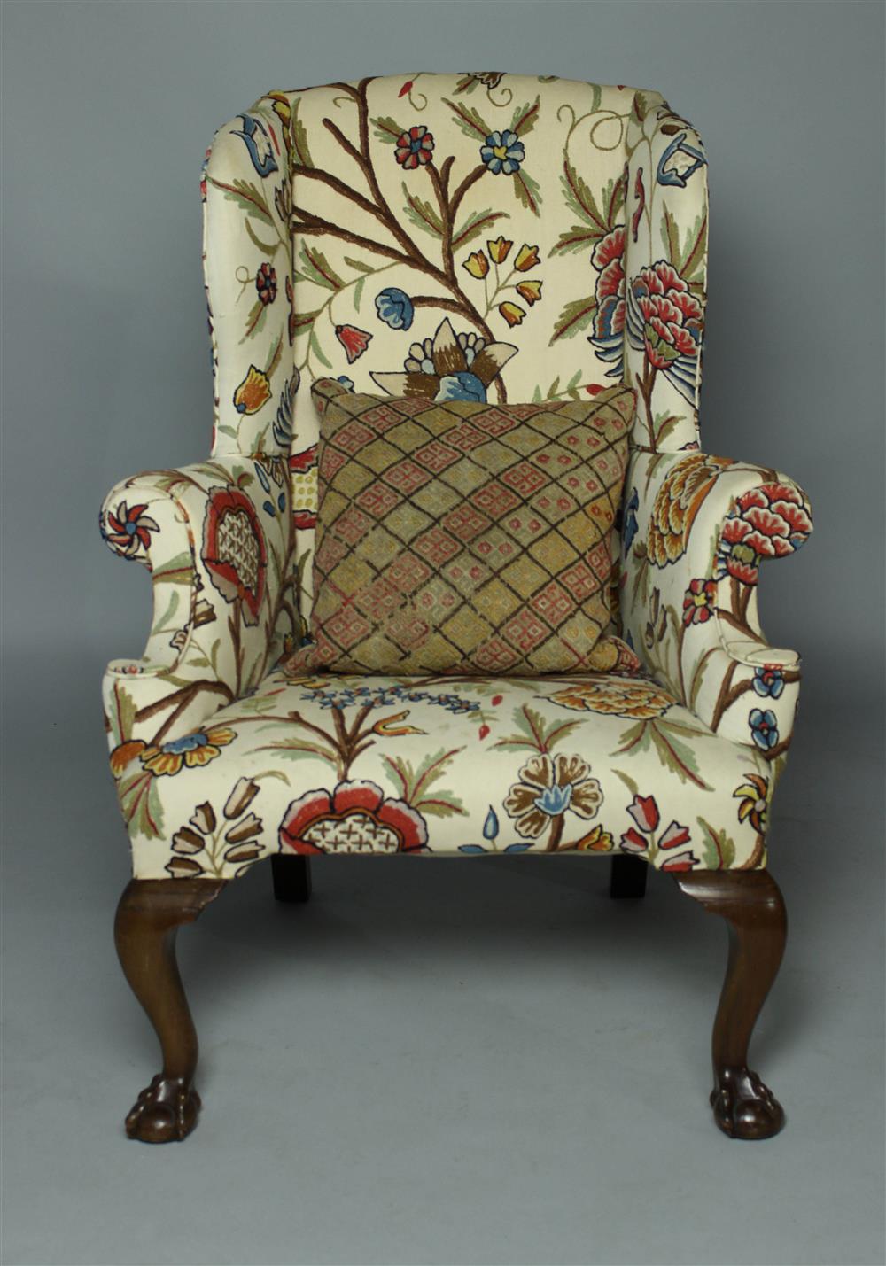 Appraisal: CHIPPENDALE STYLE MAHOGANY WING CHAIR WITH CREWELWORK UPHOLSTERY the straight