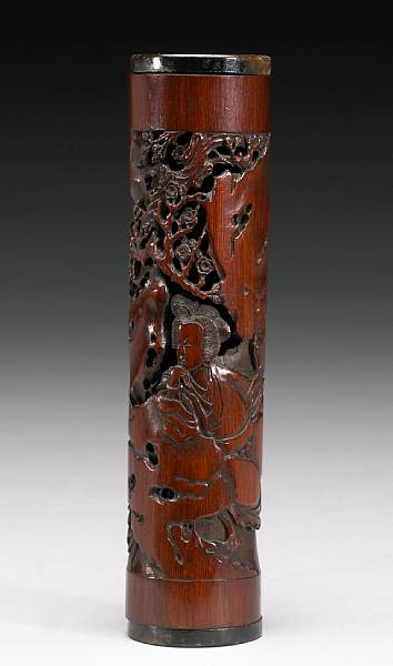 Appraisal: A cylindrical bamboo incense holder th th Century The slender