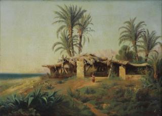 Appraisal: LORTET L Oil on Canvas Landscape with Palm Tree Trees