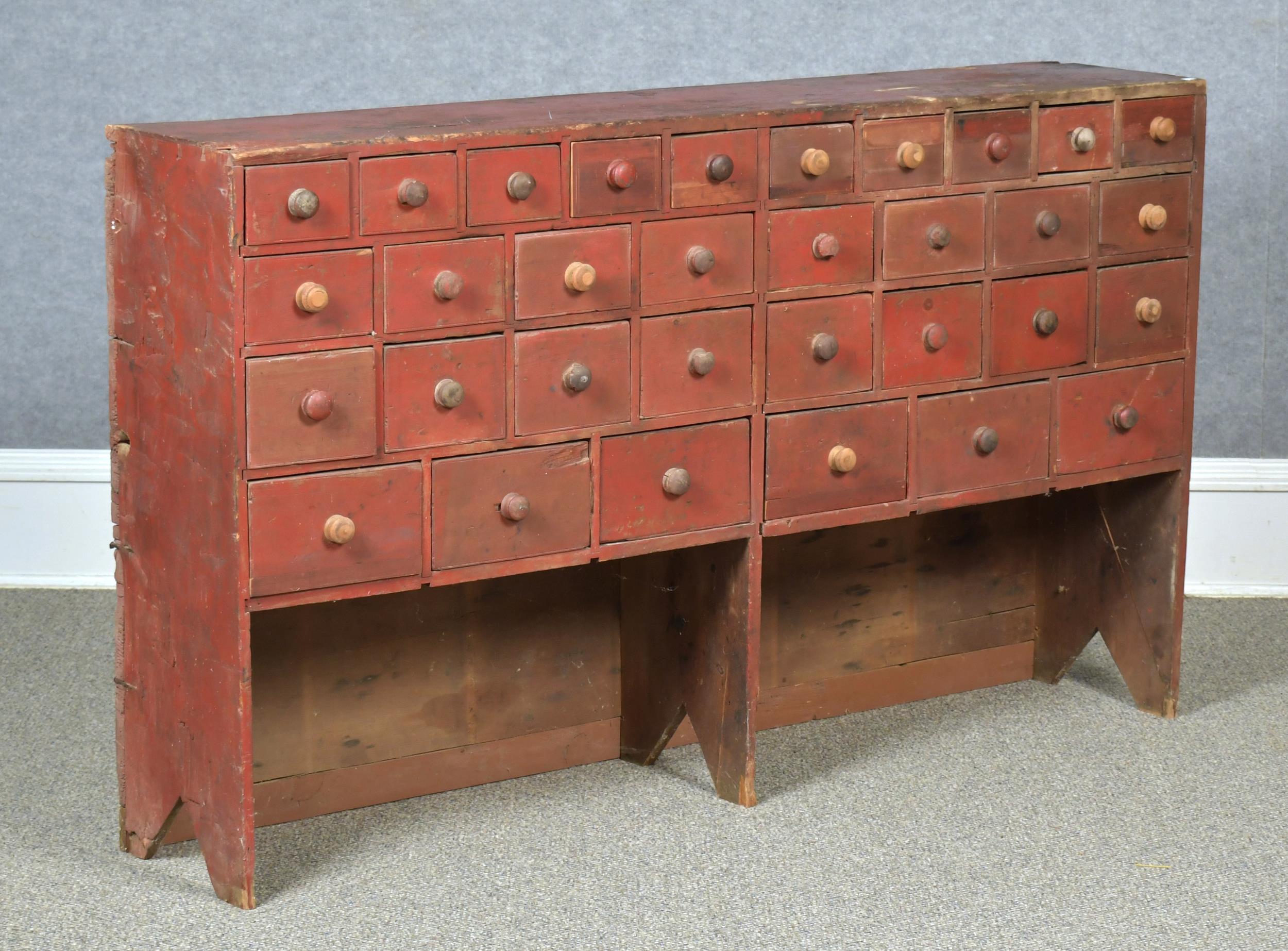 Appraisal: TH C PAINTED DRAWER APOTHECARY Red painted floor model apothecary