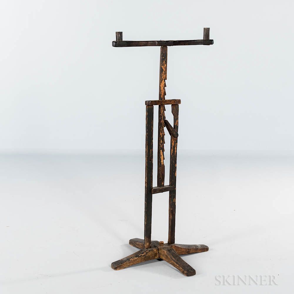 Appraisal: Black-painted Chestnut and Pine Cross-base Adjustable Ratchet Candlestand Black-painted Chestnut