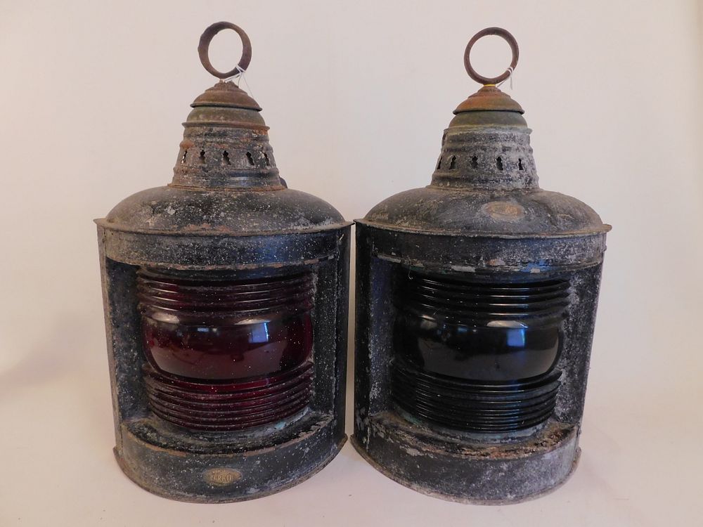 Appraisal: PAIR ANTIQUE PERKO SHIP LIGHTS Pair antique galvanized and black