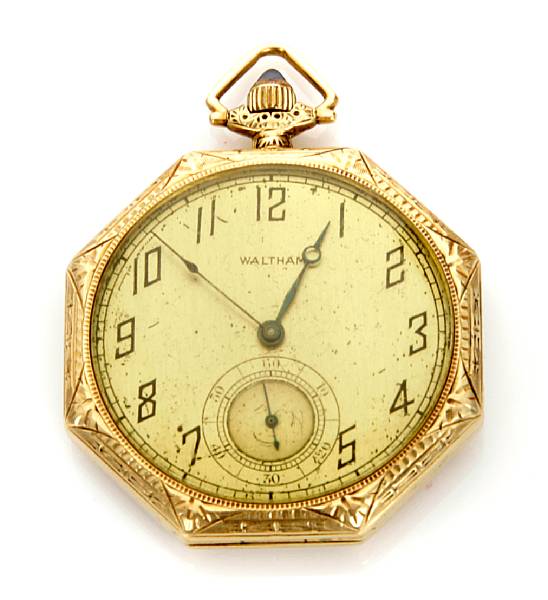 Appraisal: A karat gold pocket watch Waltham open face octagonal case