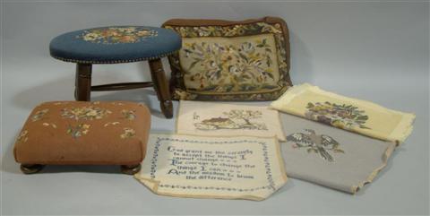 Appraisal: TWO NEEDLEPOINT FOOTSTOOLS WITH OTHER NEEDLEPOINT ITEMS The first footstool