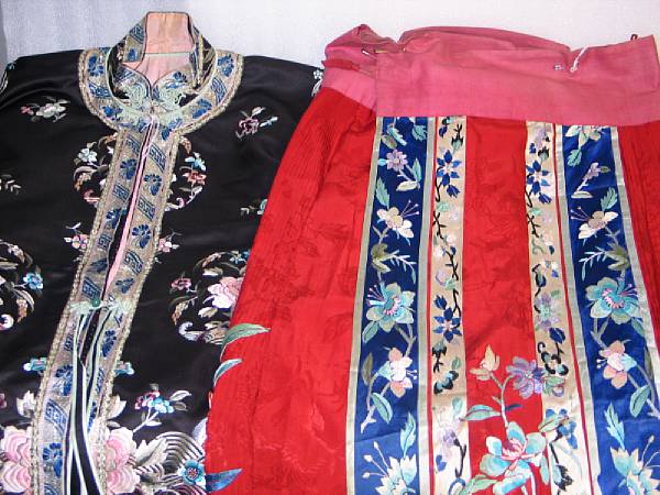 Appraisal: Three Chinese embroidered silk garments Including two black ground front