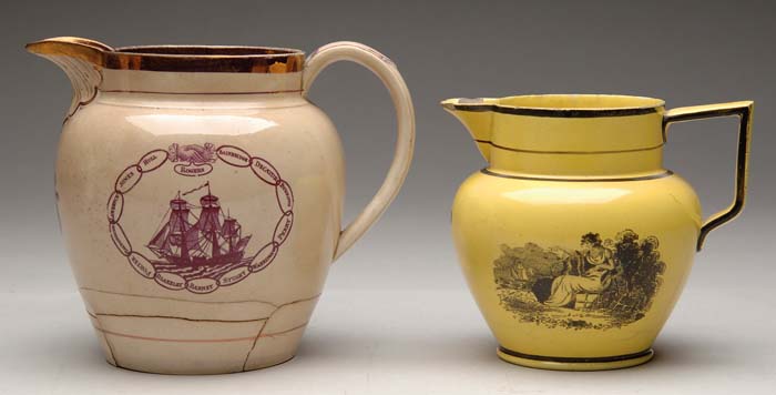 Appraisal: TWO EARLY TRANSFERWARE PITCHERS - h canary yellow jug with