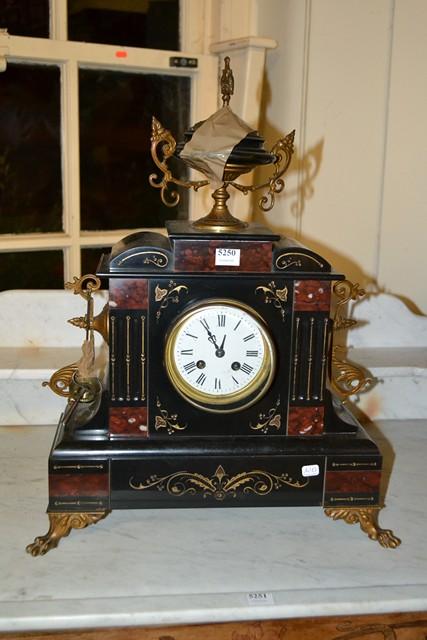 Appraisal: A FRENCH BLACK SLATE AND MARBLE INLAID MANTEL CLOCK A