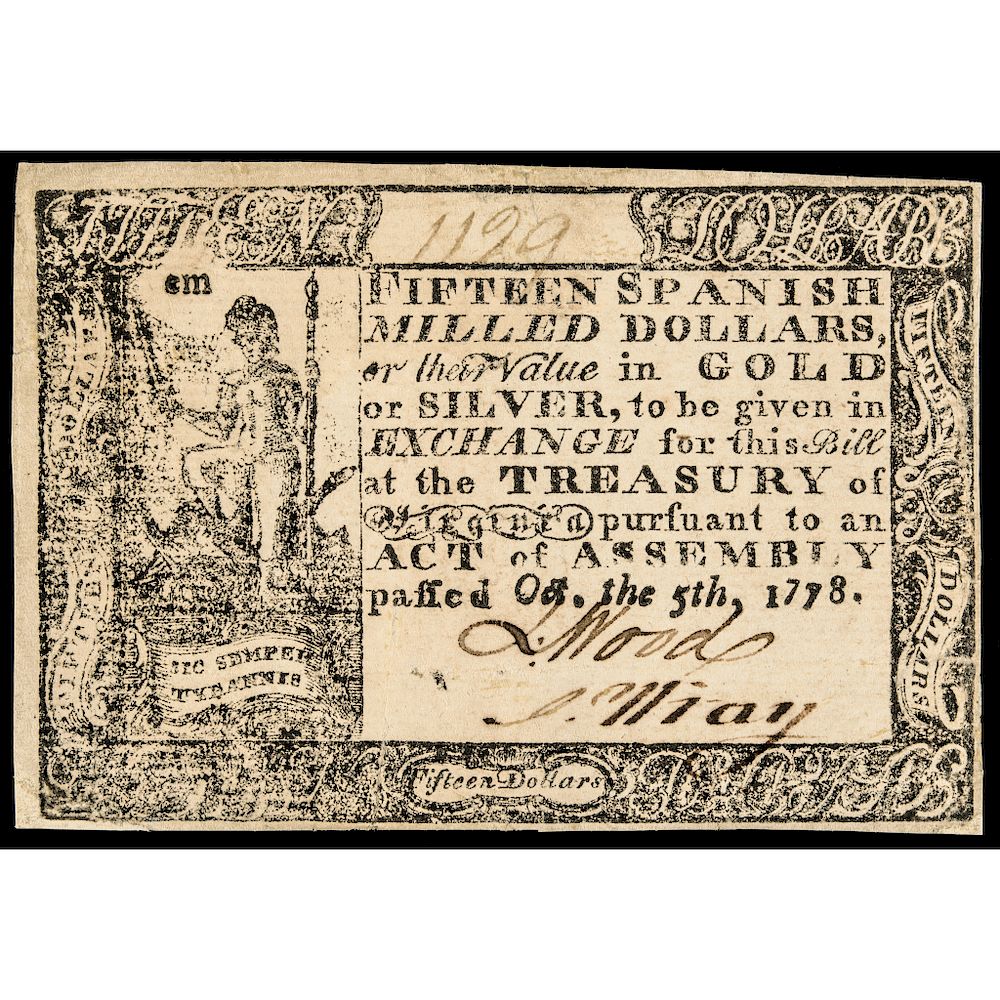 Appraisal: Colonial Currency Virginia October Fifteen Dollars Printed on Thin Paper