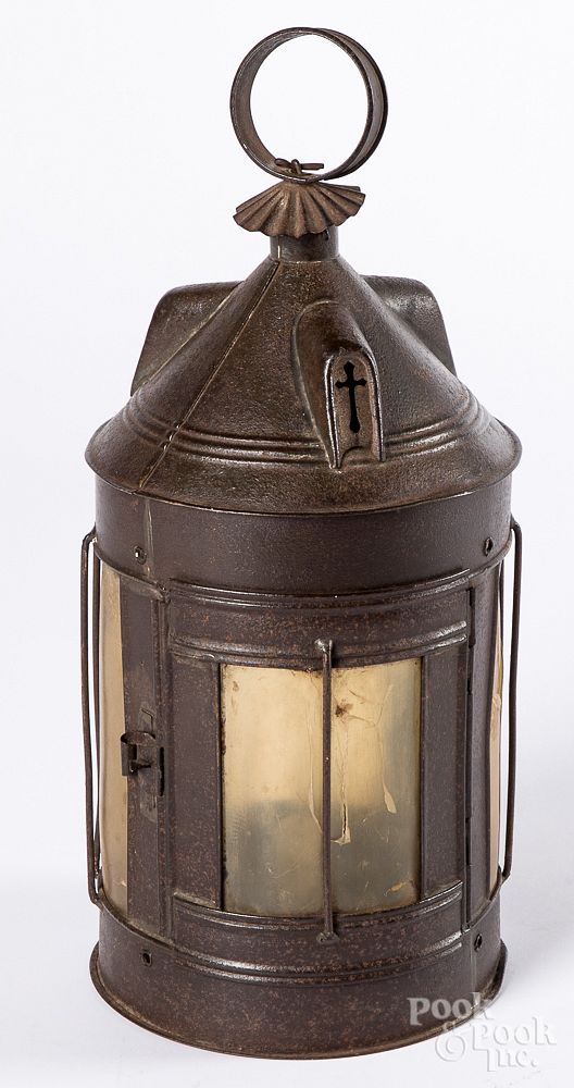 Appraisal: Tin lantern th c with mica shades Tin lantern th