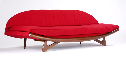 Appraisal: MODERN Walnut sofa upholstered in red fabric x x