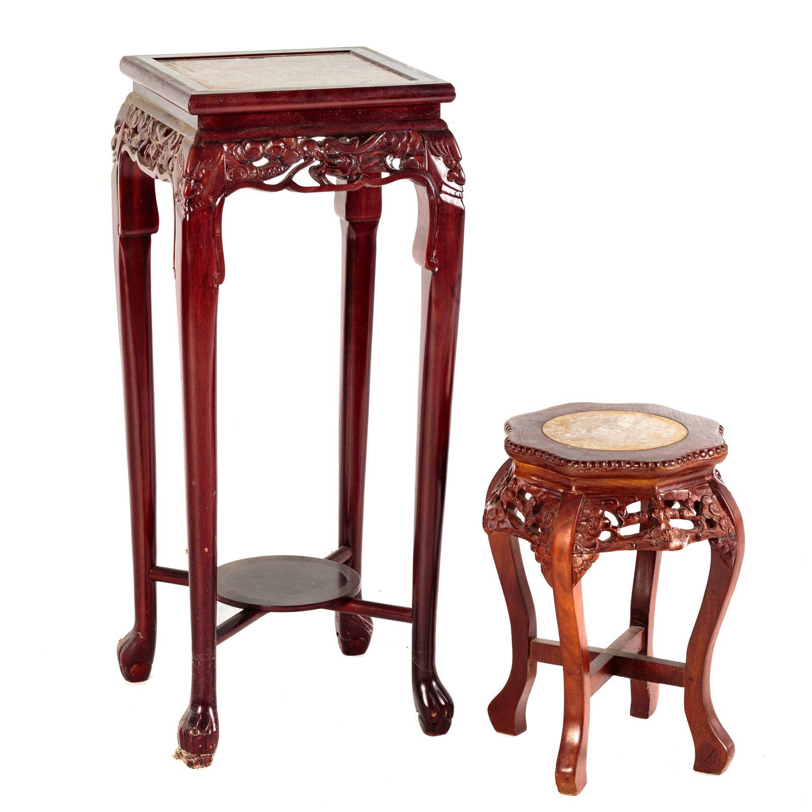 Appraisal: TWO CHINESE HARDWOOD STANDS WITH INSET MARBLE TOPS th Century