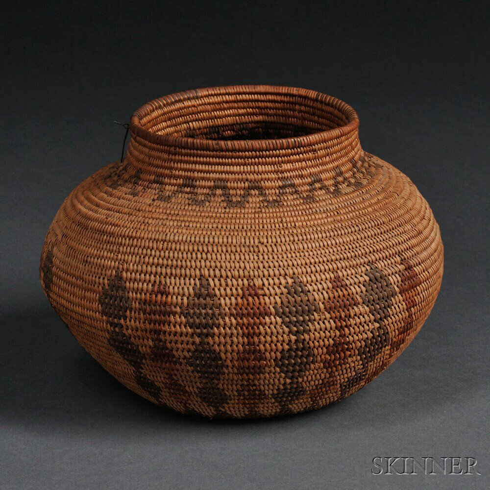 Appraisal: Yokuts Polychrome Basketry Bowl a bottleneck form with single zigzag