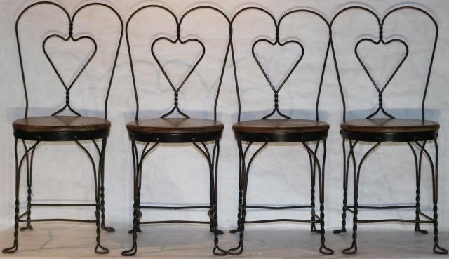 Appraisal: ICE CREAM PARLOR CHAIRS WITH SOLID OAK SEATS HEART SHAPE