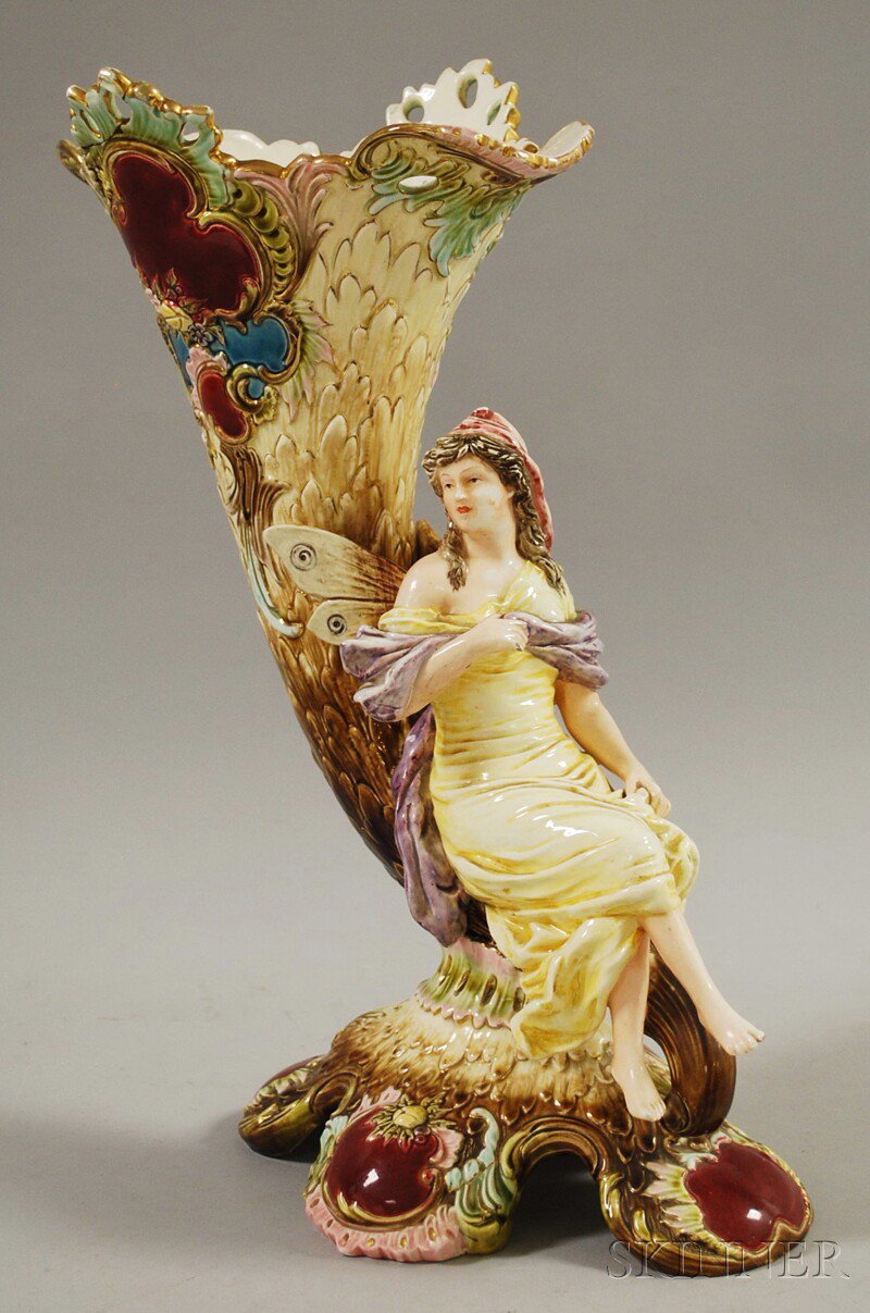 Appraisal: Continental Art Nouveau Majolica Ceramic Figural Vase rim repair ht