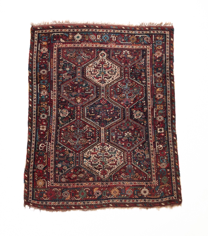 Appraisal: QASHQAI FIGURAL RUG Early th century Multiple borders and polychrome