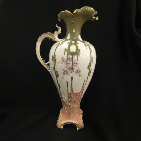 Appraisal: Teplitz Porcelain Handpainted Ewer elaborate floral raised gold work Art