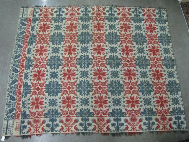 Appraisal: Antique tri-color full size jacquard coverlet corner block signed Henry