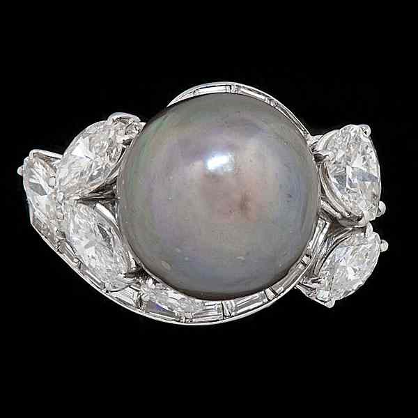 Appraisal: Tahitian Cultured Pearl and Diamond Cocktail Ring Platinum ring containing