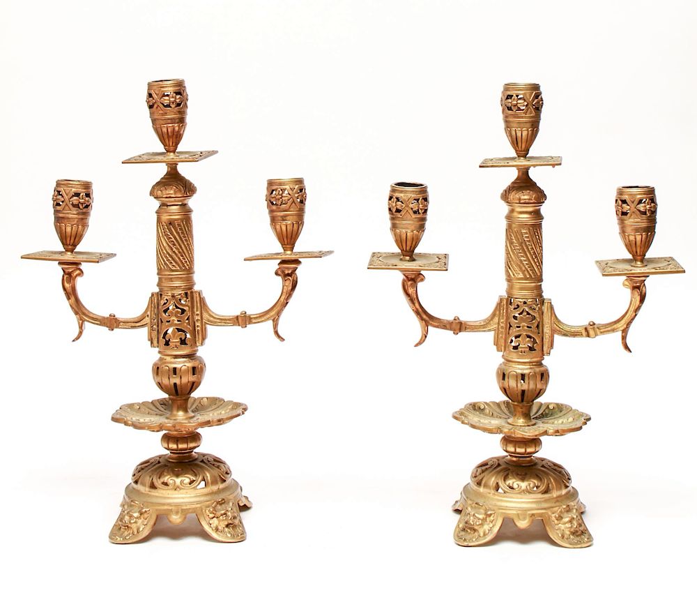 Appraisal: Gilt Brass Three Light Candelabras Pair Gilt brass three-light candelabra