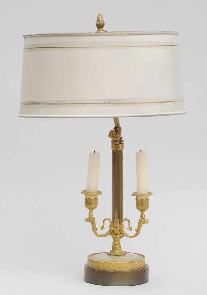 Appraisal: EMPIRE GILT-BRONZE AND MOTHER-OF-PEARL TWO-LIGHT CANDELABRA BOUILLOTTE LAMP Now mounted