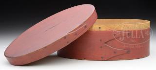 Appraisal: SHAKER OVAL COVERED BOX IN RED WASH SHAKER OVAL COVERED