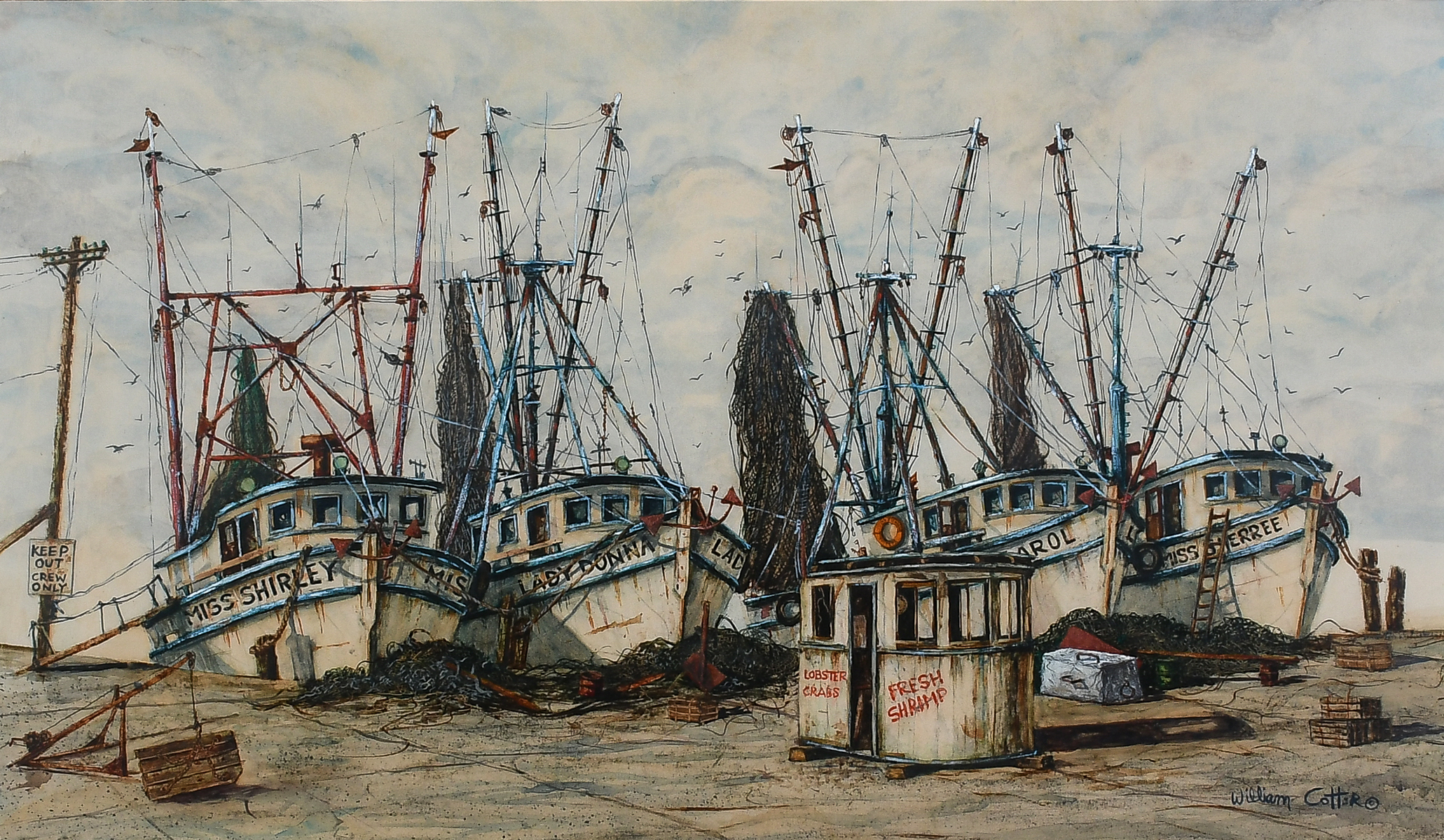 Appraisal: COTTER William American - Fishing Boats Dockside Oilwash Paper sight