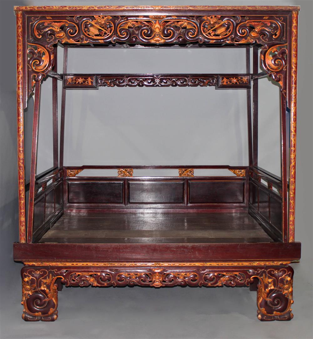 Appraisal: CHINESE RED AND GILT WEDDING BED a large four poster