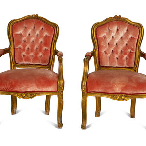 Appraisal: A Pair of Louis XV Style Giltwood Fauteuils th Century