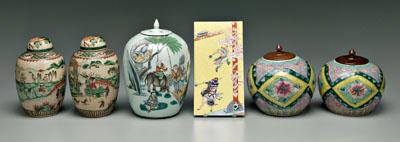 Appraisal: Six pieces Chinese porcelain pair lidded famille verte jars crackle