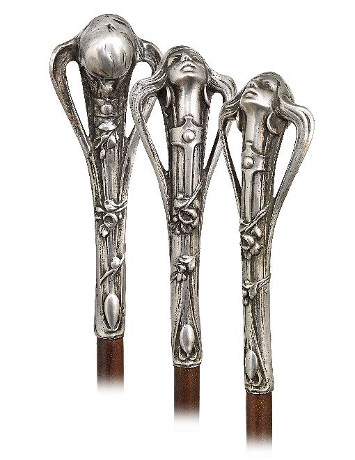 Appraisal: Silver Art Nouveau Cane Ca -Long and vertical silver handle