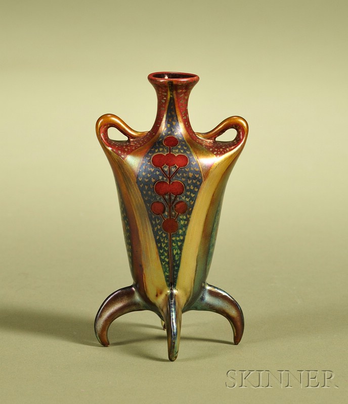 Appraisal: Miniature Zsolnay Double-handled Vase Hungary th century amphora shape mounted