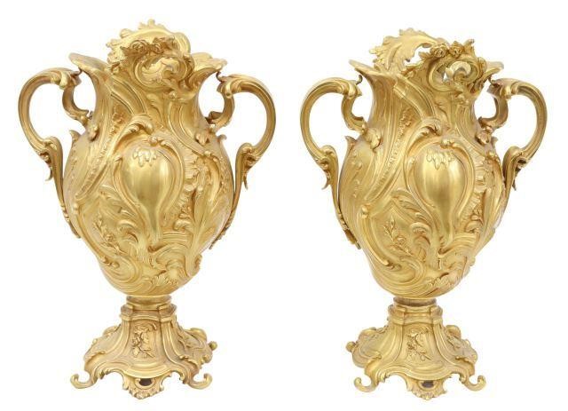 Appraisal: pair French Louis XV style bronze dore urn-form vases th