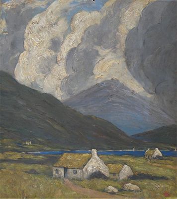 Appraisal: Follower of Paul Henry Irish mountain landscape with cottages Signed