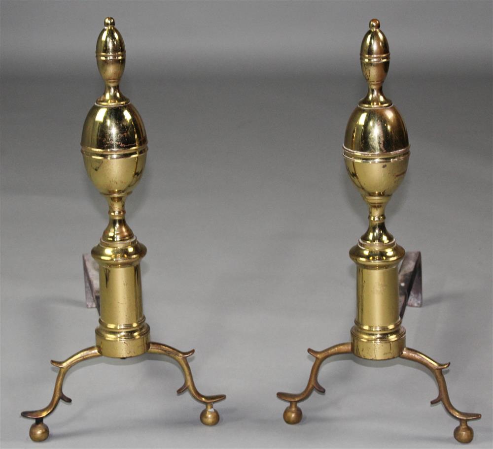 Appraisal: PAIR OF FEDERAL STYLE BRASS ANDIRONS lemon drop design h