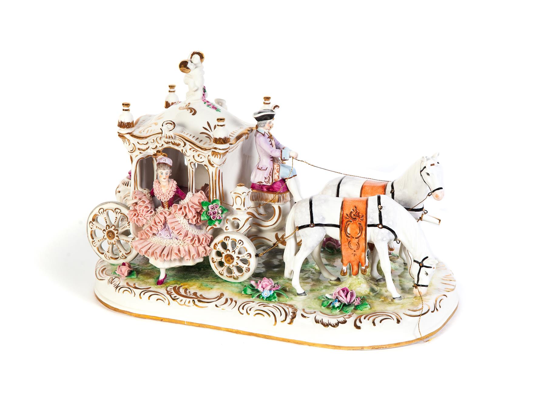 Appraisal: CAPODIMONTE FIGURAL CARRIAGE Italy th century High glaze with heavily