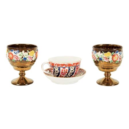 Appraisal: Pair of Enamel Decorated Copper Lustre Stem Cups Together with