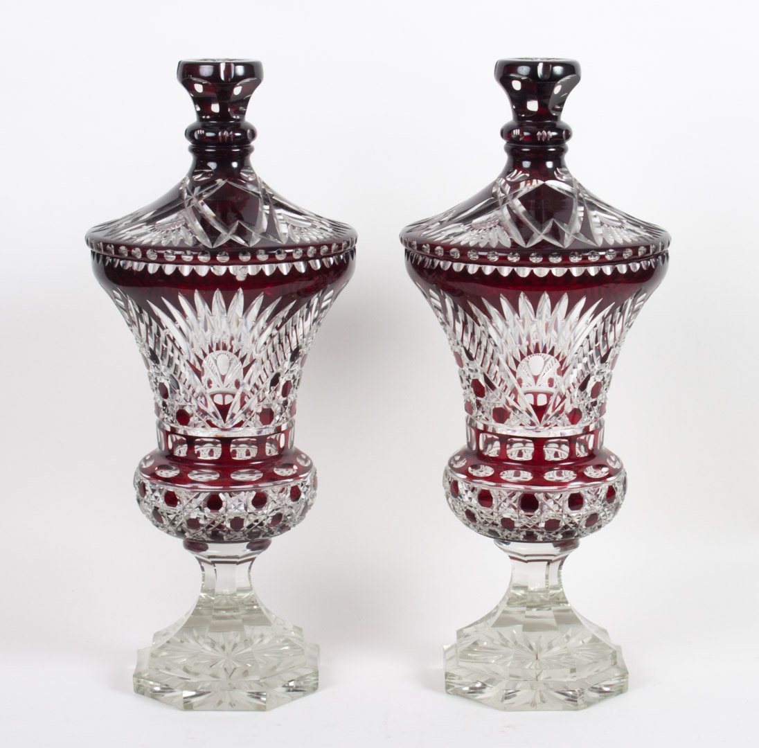 Appraisal: Pair of Czecho-Bohemian glass urns th century ruby cut-to-clear glass