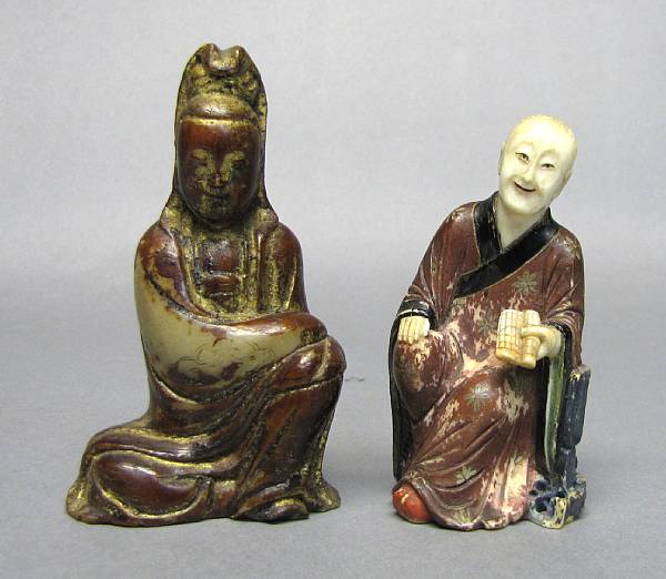 Appraisal: Two tinted miniature carvings th Century Including a painted ivory