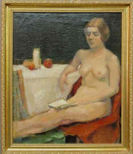 Appraisal: Oil on canvas painting of a seated nude with book