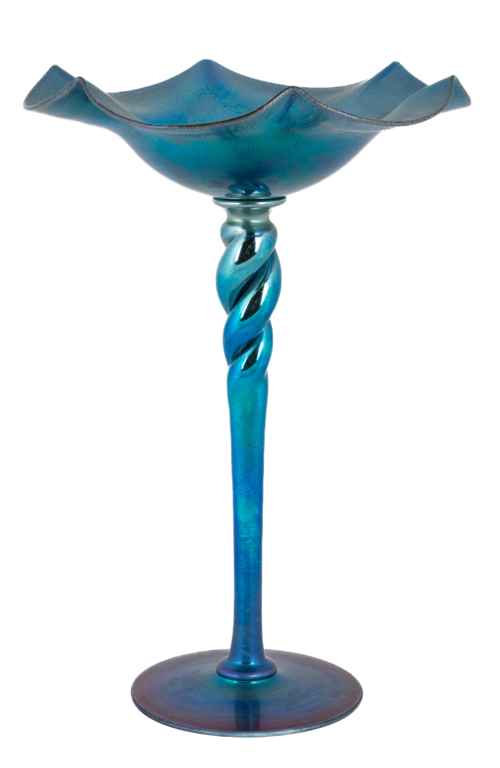 Appraisal: STEUBEN BLUE AURENE TALL COMPOTE WITH TWISTED STEM Corning NY