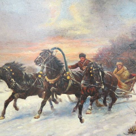 Appraisal: Athanasei Scheloumoff Russian Oil Paintingrussian troika sleigh with a trio